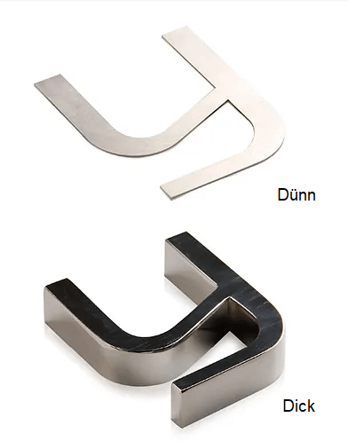 3D Buchstaben aus Metall - dünn und dick